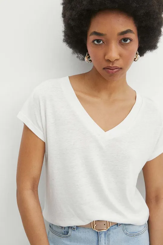 beżowy T-shirt lniany damski gładki kolor beżowy