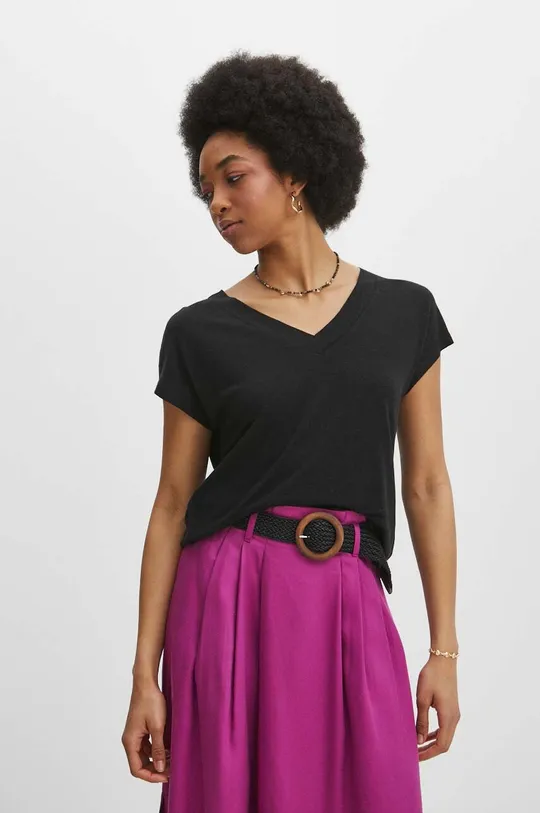 czarny T-shirt lniany damski gładki kolor czarny Damski