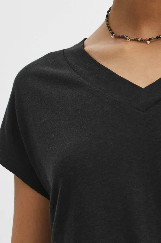 T-shirt lniany damski gładki kolor czarny Damski