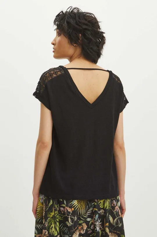 T-shirt lniany damski z ozdobnymi wstawkami kolor czarny Materiał główny: 100 % Len, Materiał dodatkowy: 100 % Bawełna