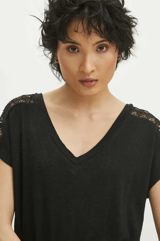 T-shirt lniany damski z ozdobnymi wstawkami kolor czarny Damski
