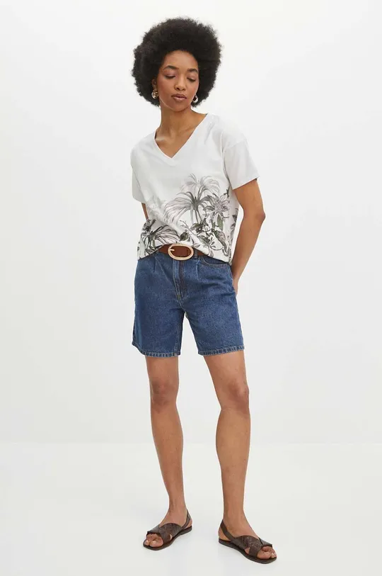 T-shirt bawełniany damski z domieszką elastanu wzorzysty kolor beżowy beżowy