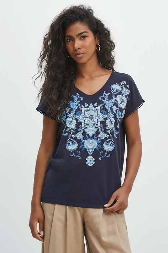 granatowy T-shirt bawełniany damski z nadrukiem kolor granatowy Damski