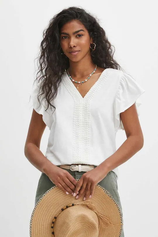 beżowy T-shirt bawełniany damski z ozdobną aplikacją kolor beżowy Damski