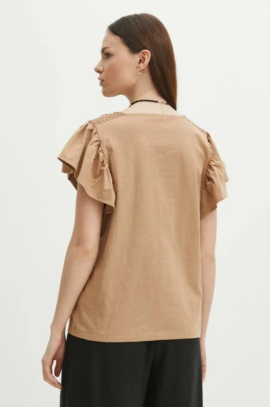 T-shirt bawełniany damski z ozdobną aplikacją kolor beżowy 100 % Bawełna