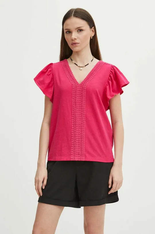 różowy T-shirt bawełniany damski z ozdobną aplikacją kolor różowy Damski