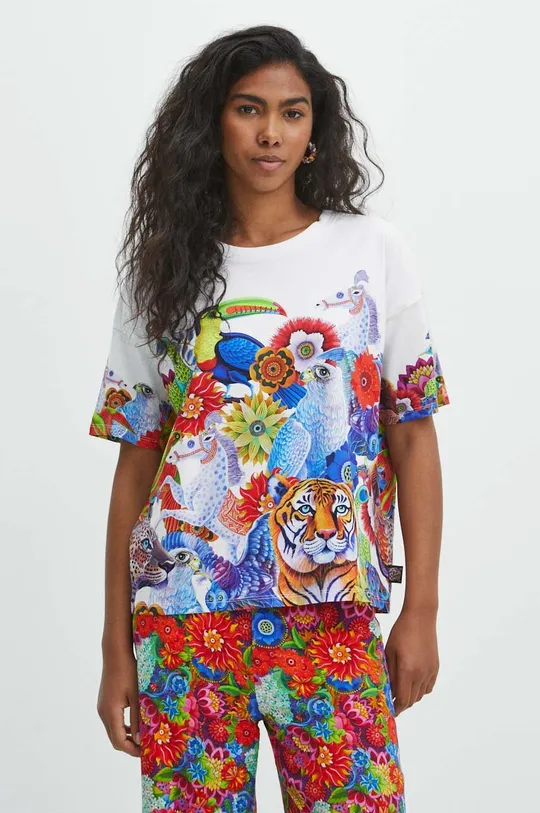 T-shirt bawełniany damski wzorzysty z kolekcji Jane Tattersfield x Medicine kolor biały 100 % Bawełna