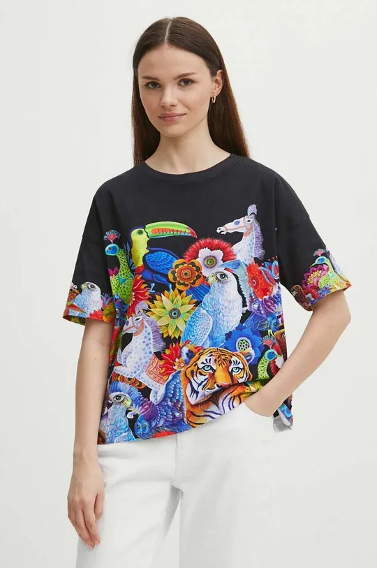 T-shirt bawełniany damski wzorzysty z kolekcji Jane Tattersfield x Medicine kolor czarny czarny