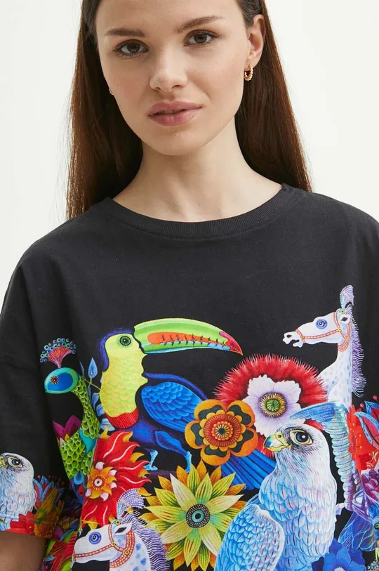 T-shirt bawełniany damski wzorzysty z kolekcji Jane Tattersfield x Medicine kolor czarny 100 % Bawełna