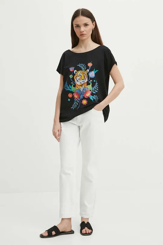 T-shirt bawełniany damski z domieszką elastanu z kolekcji Jane Tattersfield x Medicine kolor czarny 95 % Bawełna, 5 % Elastan