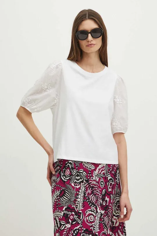 biały T-shirt bawełniany damski z domieszką elastanu z aplikacją kolor biały Damski