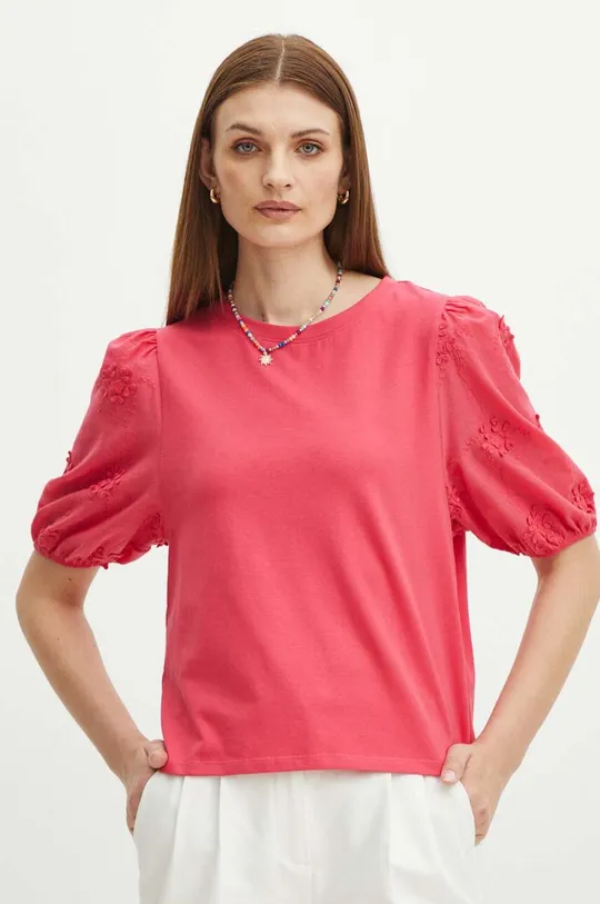 różowy T-shirt bawełniany damski z domieszką elastanu z aplikacją kolor różowy Damski
