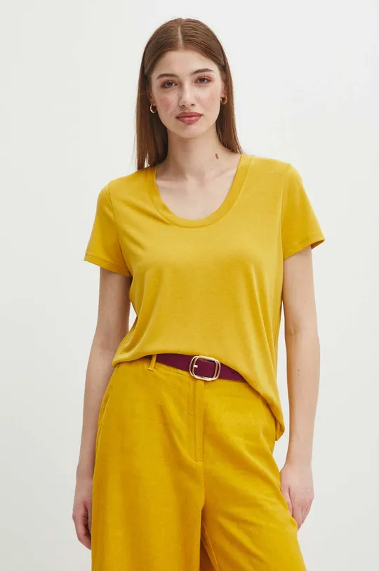 żółty T-shirt damski z domieszką elastanu i modalu gładki kolor żółty