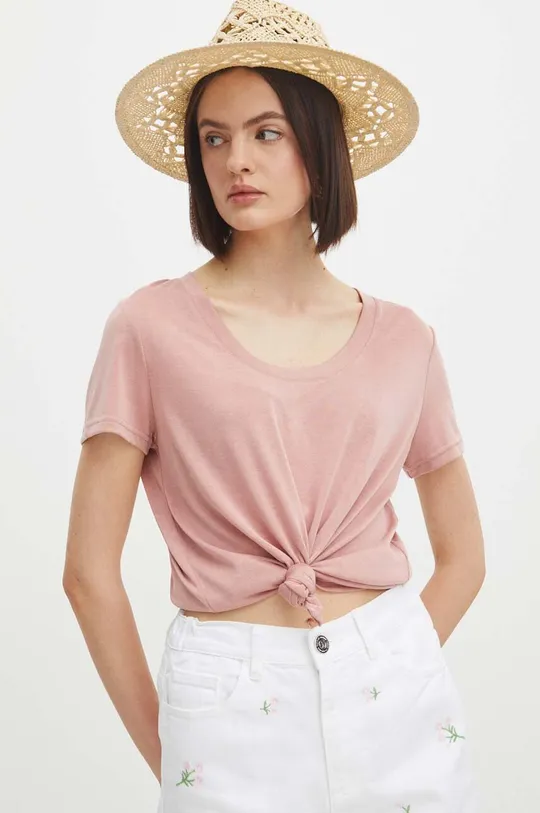 T-shirt damski z domieszką elastanu i modalu gładki kolor różowy 70 % Modal, 25 % Poliester, 5 % Elastan