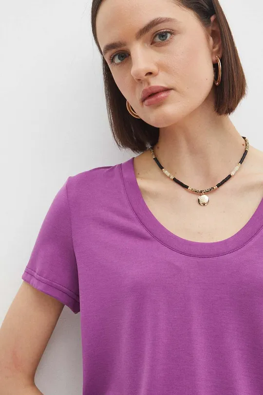 fioletowy T-shirt damski z domieszką elastanu i modalu gładki kolor fioletowy Damski