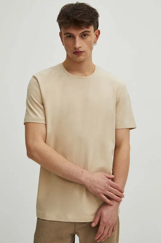 beżowy T-shirt bawełniany męski z domieszką elastanu kolor beżowy Męski