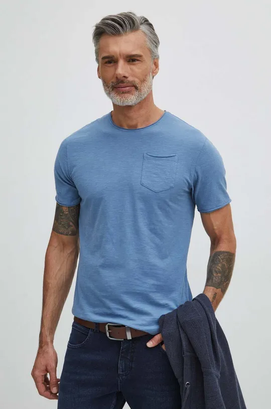 niebieski T-shirt bawełniany męski gładki kolor niebieski Męski