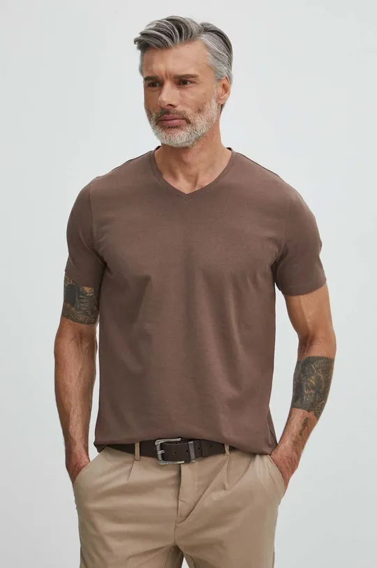 brązowy T-shirt bawełniany męski z domieszką elastanu gładki kolor brązowy