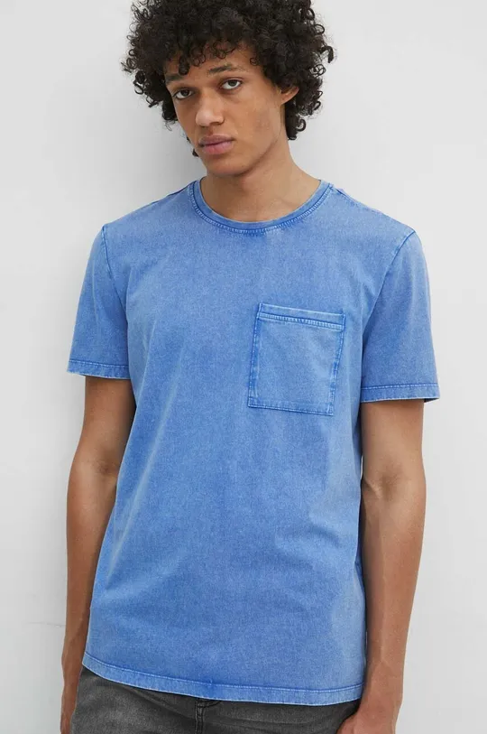 T-shirt bawełniany męski z efektem sprania kolor niebieski niebieski