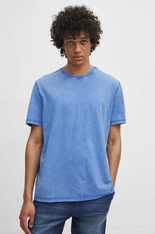 niebieski T-shirt bawełniany męski z efektem sprania kolor niebieski Męski