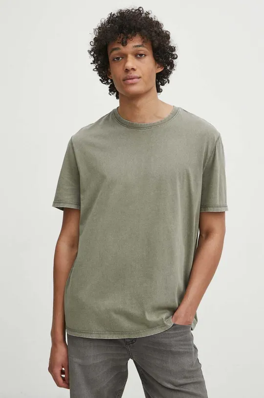 zielony T-shirt bawełniany męski z efektem sprania kolor zielony