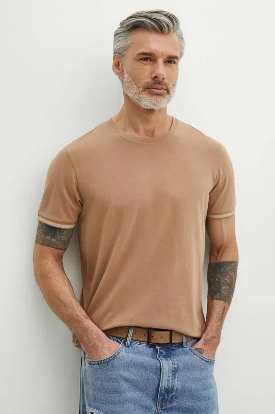 beżowy T-shirt bawełniany męski z domieszką elastanu gładki kolor beżowy Męski
