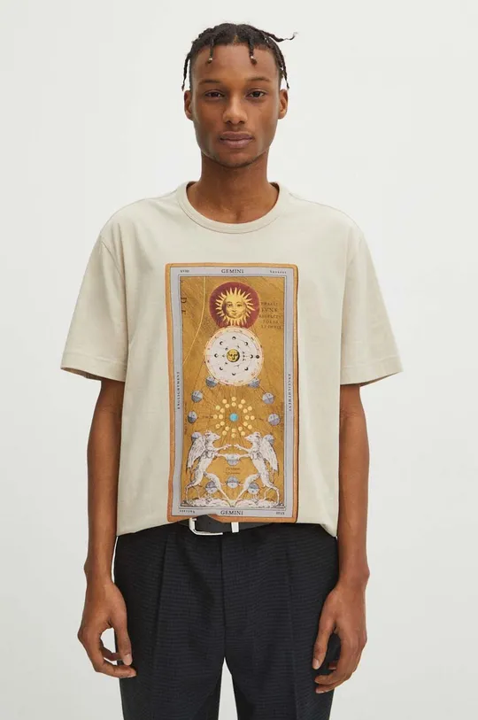 Bavlnené tričko pánske z kolekcie Zverokruh - Blíženci béžová farba béžová