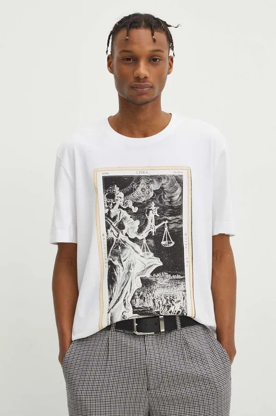 T-shirt bawełniany męski z kolekcji Zodiak - Waga kolor biały biały