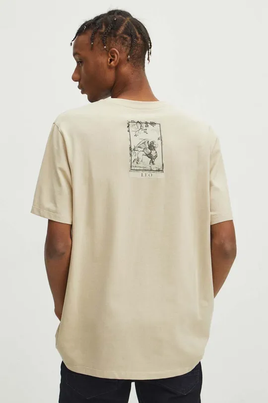 beżowy T-shirt bawełniany męski z domieszką elastanu z kolekcji Zodiak - Lew kolor beżowy