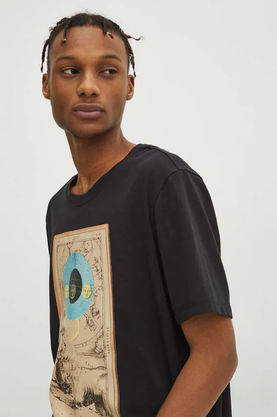 T-shirt bawełniany męski z domieszką elastanu z kolekcji Zodiak - Lew kolor czarny Męski