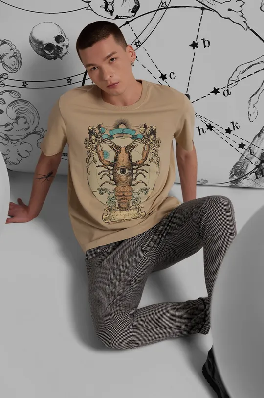 beżowy T-shirt bawełniany męski z domieszką elastanu z kolekcji Zodiak - Rak kolor beżowy Męski