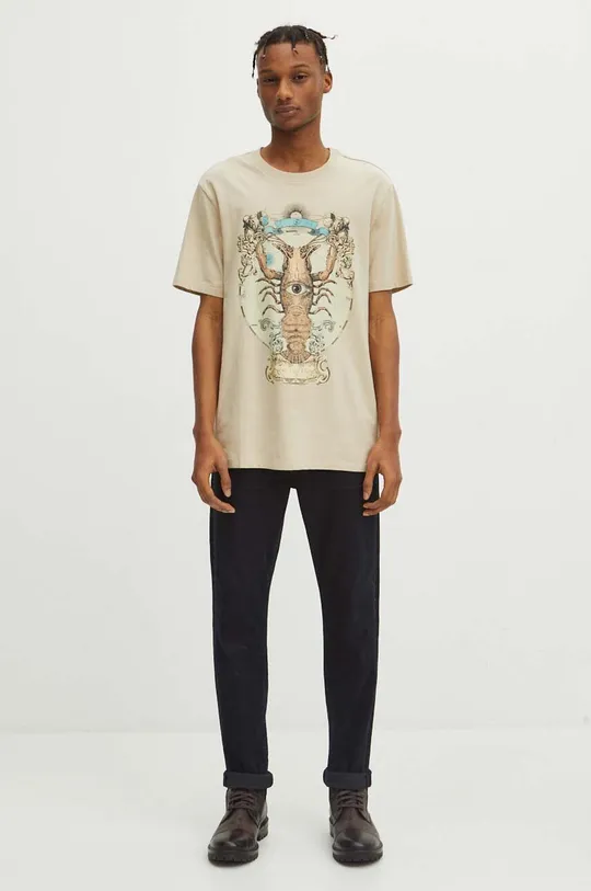 T-shirt bawełniany męski z domieszką elastanu z kolekcji Zodiak - Rak kolor beżowy 95 % Bawełna, 5 % Elastan