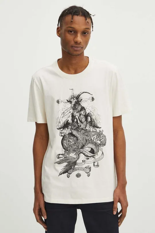 T-shirt bawełniany męski z kolekcji Zodiak - Koziorożec kolor beżowy beżowy
