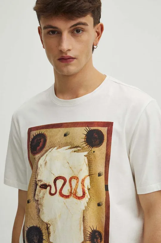 Bavlnené tričko pánske s elastanom z kolekcie Graphics Series béžová farba Pánsky