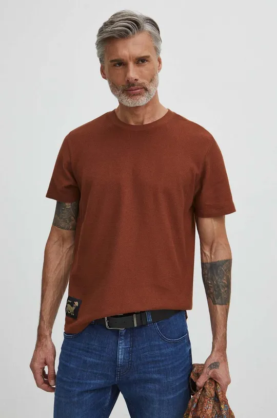 brązowy T-shirt bawełniany męski z fakturą kolor brązowy Męski