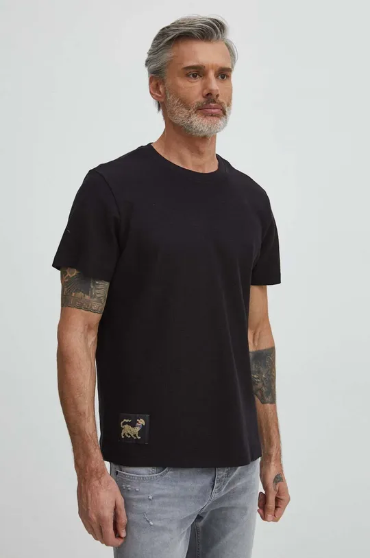 czarny T-shirt bawełniany męski z fakturą kolor czarny Męski