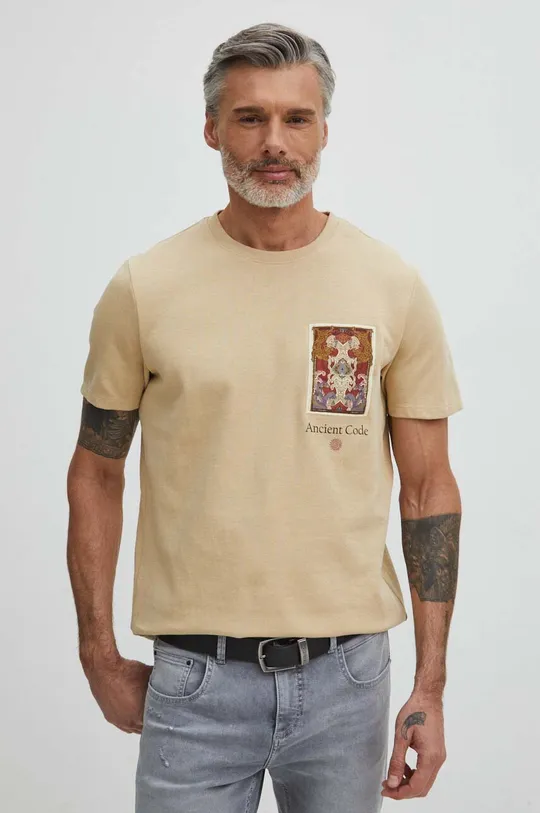 beżowy T-shirt bawełniany męski z ozdobną aplikacją kolor beżowy Męski