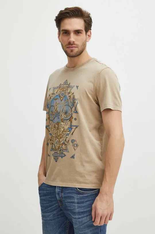 beżowy T-shirt bawełniany męski z nadrukiem kolor beżowy