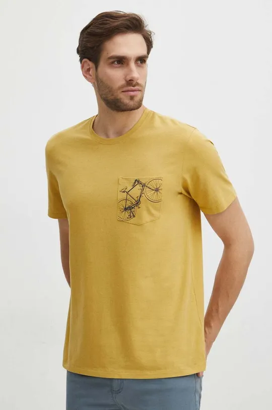 żółty T-shirt bawełniany męski z domieszką elastanu z nadrukiem kolor żółty