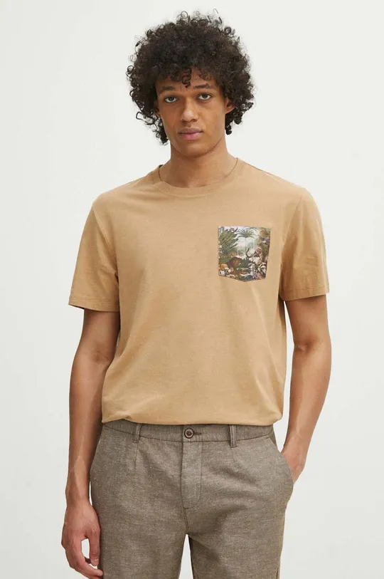 beżowy T-shirt bawełniany męski z domieszką elastanu z nadrukiem kolor beżowy Męski