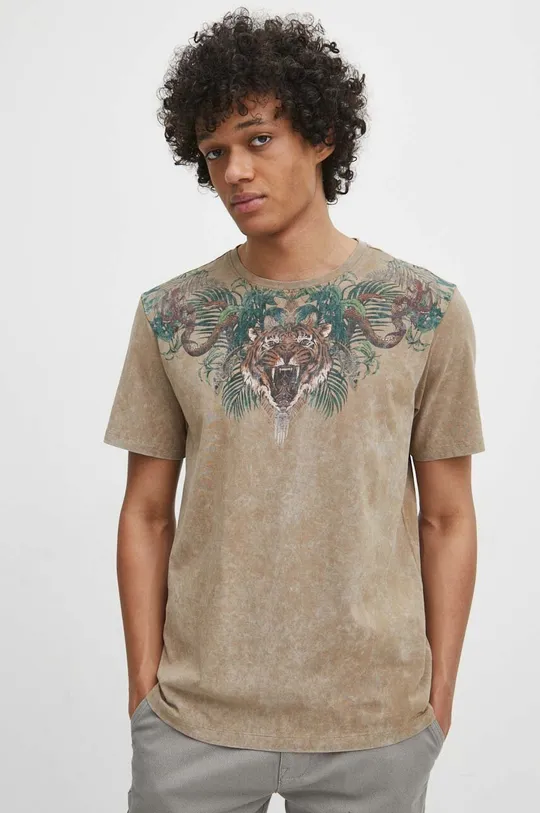 béžová Bavlnené tričko pánske s potlačou béžová farba