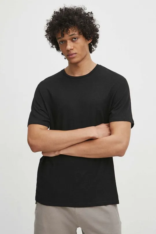 czarny T-shirt lniany męski gładki kolor czarny Męski