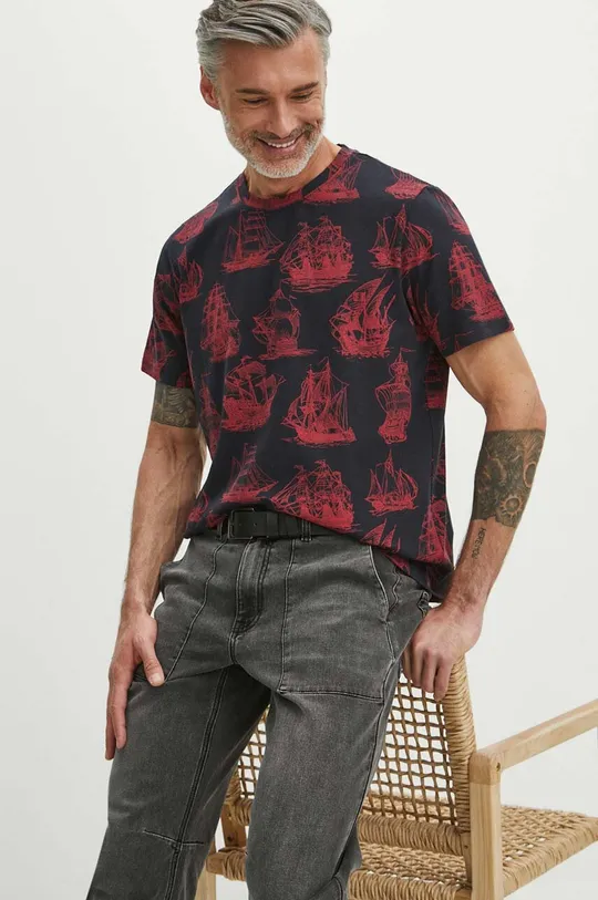 granatowy T-shirt bawełniany męski z domieszką elastanu wzorzysty kolor granatowy Męski