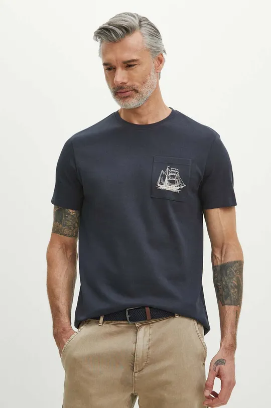 granatowy T-shirt bawełniany męski z nadrukiem kolor granatowy Męski