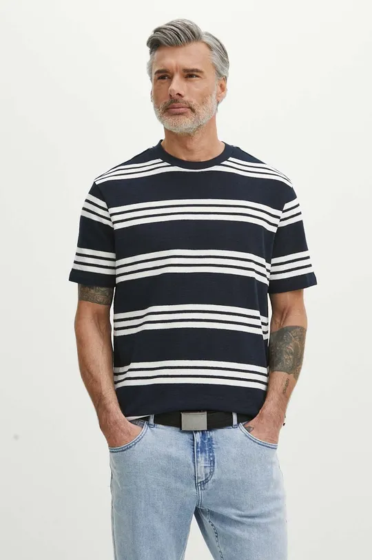 námořnická modř Bavlněné tričko pánské pruhované tmavomodrá barva Pánský