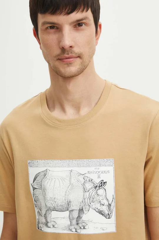 beżowy T-shirt bawełniany męski z domieszką elastanu z nadrukiem kolor beżowy