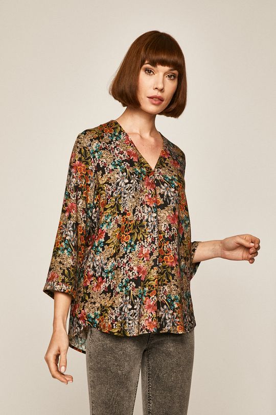 multicolor Koszula damska ze spiczastym dekoltem wzorzysta Damski