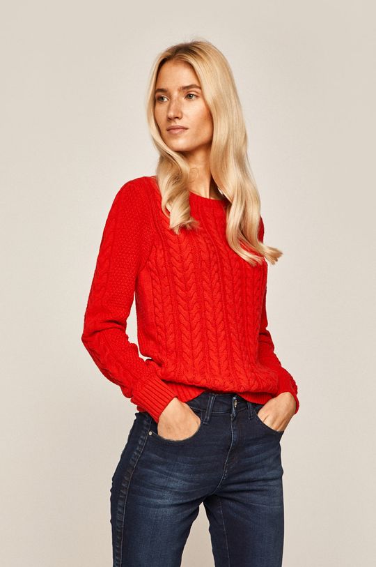 czerwony Sweter damski z warkoczowym splotem czerwony Damski