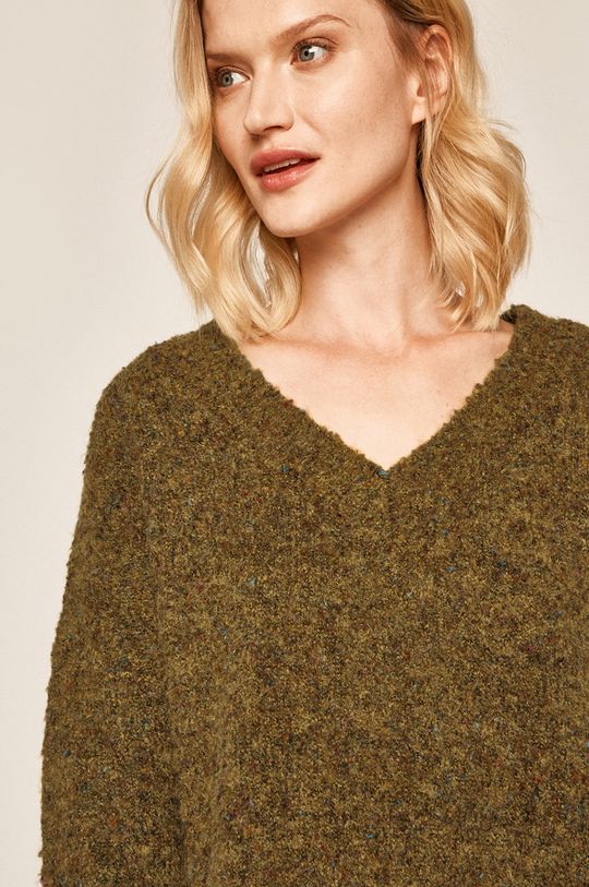 oliwkowy Sweter damski ze spiczastym dekoltem zielony