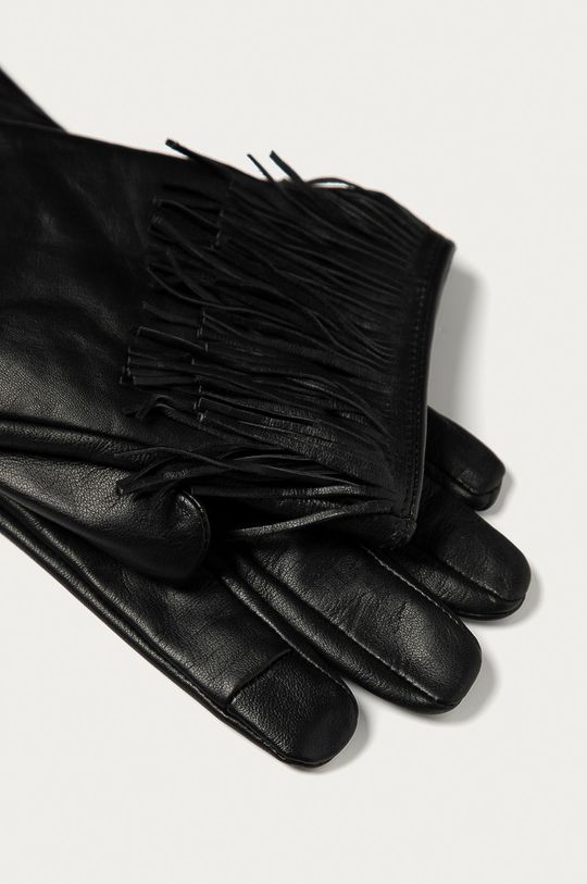 Rękawiczki damskie skórzane z frędzlami czarne czarny